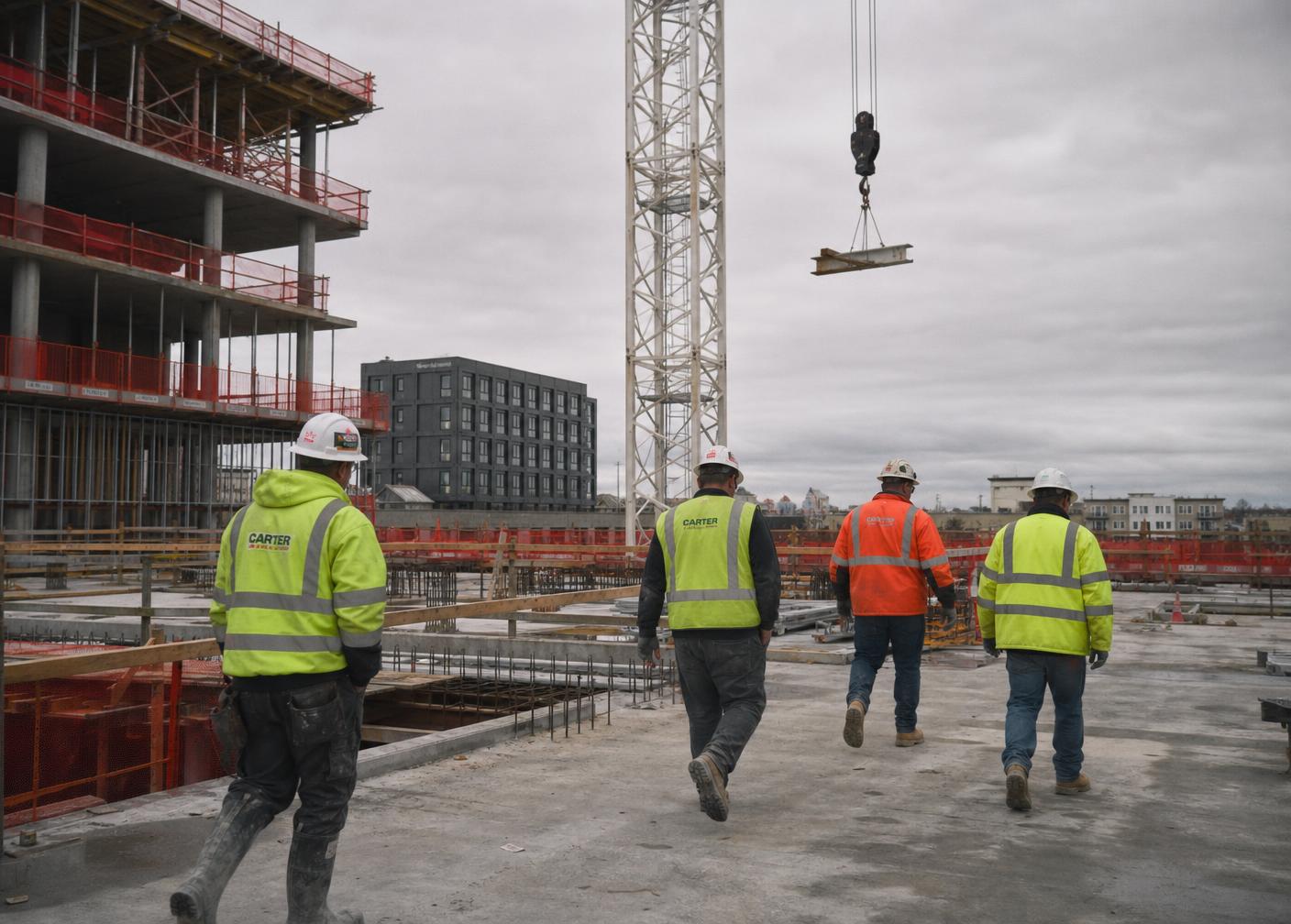 Construction professionals reviewing plans on an infrastructure job site